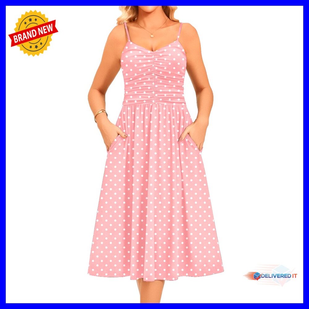 Adjustable Spaghetti Strap Ruched Midi Sundress With Pockets Casual Summer Dress